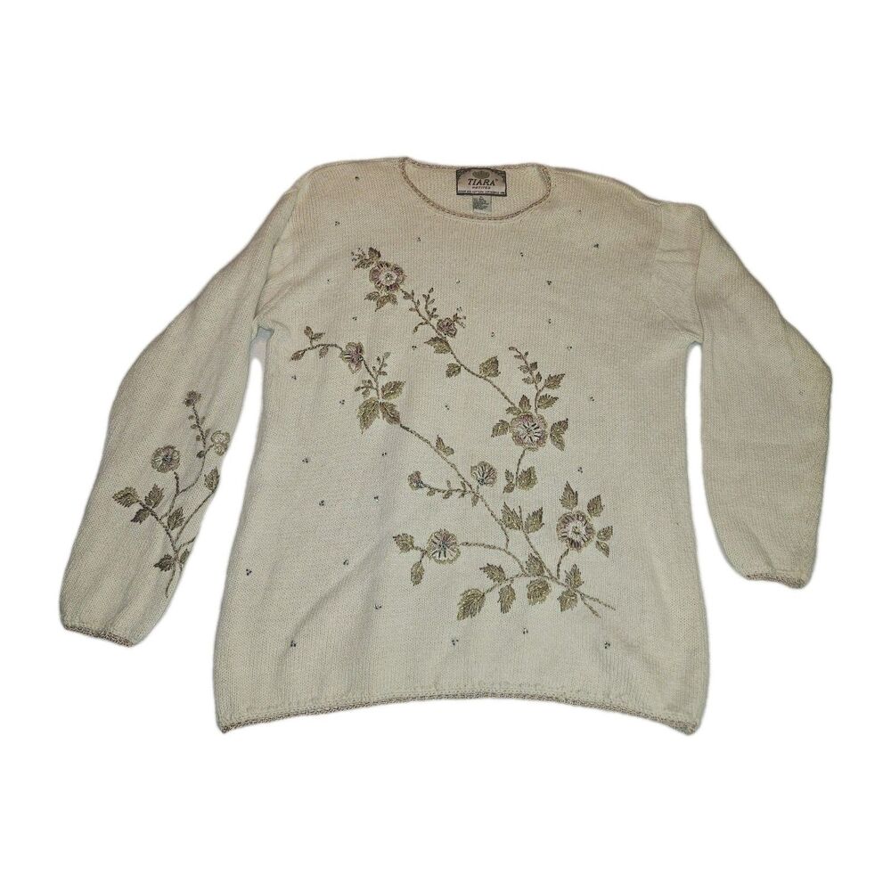 Vtg Embroidered Floral Pullover Knit Sweater Tunic Cream Size L Petite Fairycore